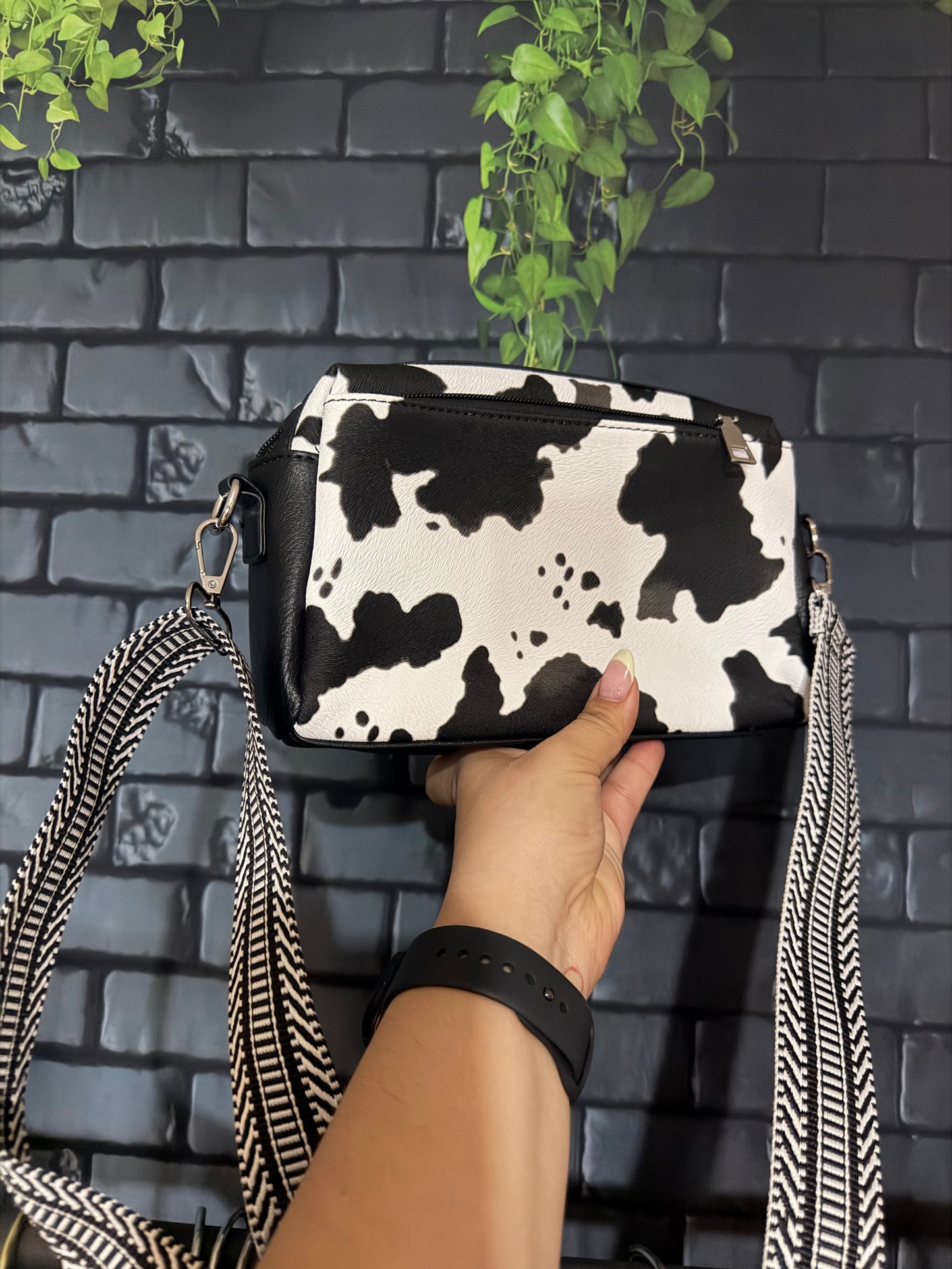 Cow Print Cross-Body Bag (Black)